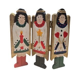 Vintage Holiday Angels Wooden Folding 3 Panel Mini Screen Christmas Table Decor